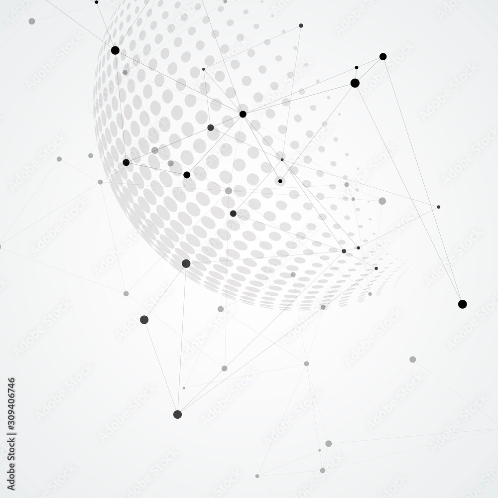 Poster halftone spheres with world globe and connect concept design. vector communication illustration