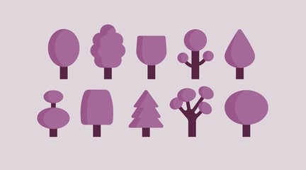 Abstract various purple trees. Paper cut style. Minimalistic icons, logos for web design and social media. Vector set. Cartoon style, simple flat design. Trendy illustration. Every icon is isolated