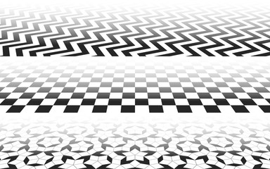 Perspectives with checkered, zig-zag and Penrose mosaic patterns, perspective distorted surface with black and white tiles, abstract background vector illustration set for minimal designs