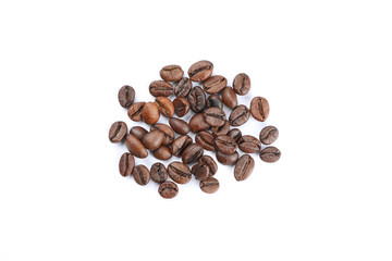 Heap of coffee beans isolated on white background, top view