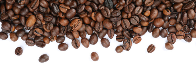 Frame of coffee beans isolated on white background, top view