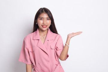Beautiful young Asian woman show palm hand.