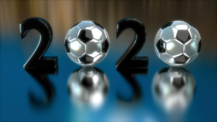Close up view of 2020 number. Text and soccer balls on the reflective blue ground. New Year Sign. Centered. Sport concept.