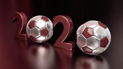 Close up view of 2020 number. Red text and soccer balls on the reflective ground. New Year Sign. Left side in the front. Sport concept.