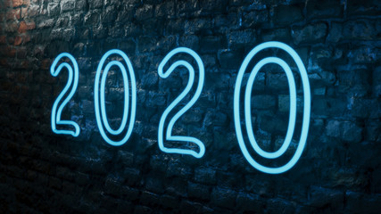 Close up view of blue neon light 2020 number on an old red brick wall. New Year Sign. Blue. Concept for the old and new.