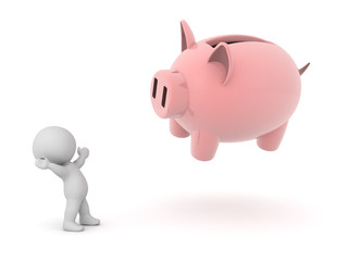 3D Character looking up happy at big piggy bank