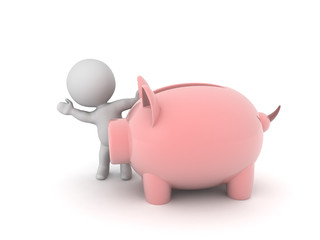 3D Character waving from behind piggy bank