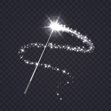 Magic wand with white swirl and sparkles isolated on transparent background. The magic scepter with stardust trail.