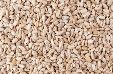 Peeled sunflower seeds background. Top view of shelled sunflower seeds.