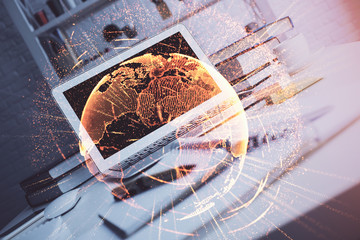 Computer on desktop with social network theme icon. Multi exposure. Concept of international connections.