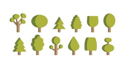 Park, forest, garden green trees. Paper cut style. Minimalistic icons, logos for web design and social media. Vector set. Cartoon style, simple flat design. Trendy illustration. Every icon is isolated
