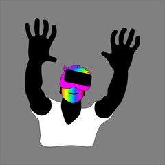 Virtual reality: black man with colorful VR glasses. Vector illustration on grey background. Picture can be used in greeting cards, posters, flyers, banners, logo, further design etc. Vector
