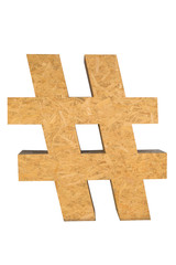 Hashtag Icon made of wood. Wooden hashtag on white background.