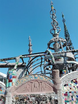 Los Angeles, California – September 10, 2018: detail of the fence wall of WATTS TOWERS by Simon Rodia, architectural structures, located in Simon Rodia State Historic Park, LOS ANGELES
