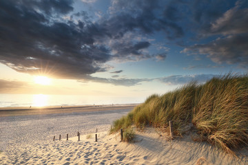 beautiful sunset over sea beach in summer - obrazy, fototapety, plakaty