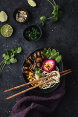 Ramen soup with noodles, vegetables and pickled egg.