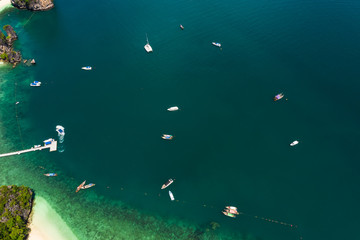 Fototapeta na wymiar aerial view limestone and passenger boat at rairay and aonang beach