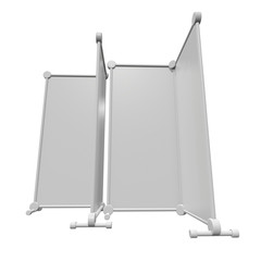 Blank Roll Up fold up Banner Stands. Trade show booth white and blank. 3d render isolated on white background. High Resolution Template for your design.