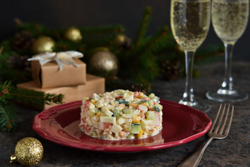 New Year's holiday salad with crab and corn on the table. Horizontal focus.