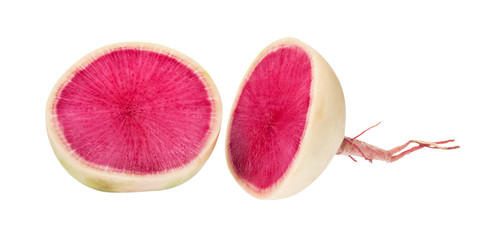 cut in half fresh watermelon radish isolated