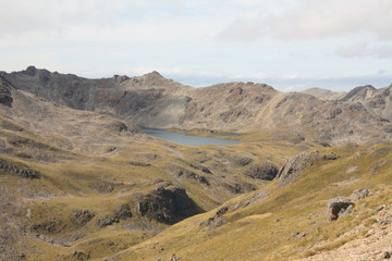 Panoramic view of mountain lakes in the Southern Alps, the mountain range which runs the length of the South Island in New Zealand