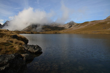 Panoramic view of mountain lakes in the Southern Alps, the mountain range which runs the length of the South Island in New Zealand