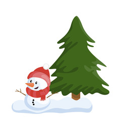 Cute little snowmaan and Christmas tree. cartoon vector illustration
