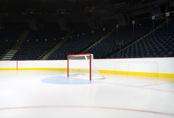 A wide angle view of an empty hockey in an empty arena