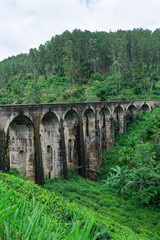 Fototapeta na wymiar Panorama of the Nine Arched Bridge, located in the deep jungle of Demodara, in cloudy weather, Ella, Sri Lanka