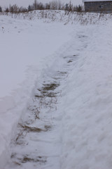 City service cleaning snow winter with shovel after snowstorm yard. sunlight