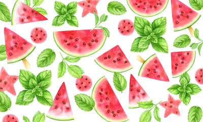 Watermelon slices,balls,stars and mint leaves.Fresh fruits and herbs isolated on white.Top view,flat lay.Summer party cocktail,smoothie,refreshing drinks background.Watercolor illustration.