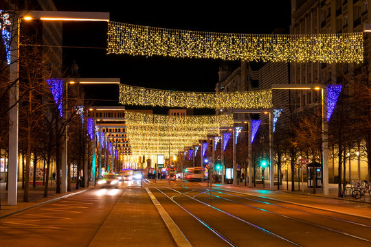Zaragoza, Spain/Europe; 11/12/2019: Night view of Independence Promenade decorated with Christmas lights in the downtown of Zaragoza