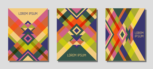 Cover page layout vector template geometric design with triangles and stripes pattern.