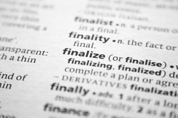 Word or phrase Finalize in a dictionary.