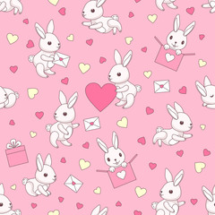 Happy Valentine's Day! cute little bunnies babies give Valentine cards. seamless pattern