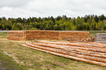 Fototapeta na wymiar Peeled pine logs and log cabins lie in a clearing
