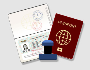 Passport with biometric data. Identification Document and stamp Flat Vector Illustration