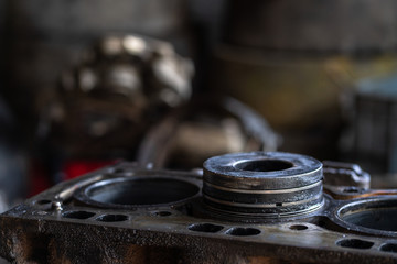 old piston in cylinder block, repair and maintence service diesel engine