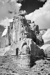 Black and white picture of rock formations in Arches National Park, Utah, USA.