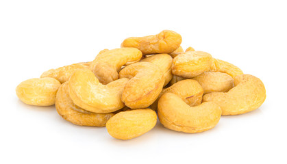 Roasted cashew nuts on white background