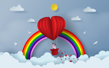 Origami Paper art of Cute couple on red heart shaped balloon on the sky with rainbow, Love and Happy Valentine's Day