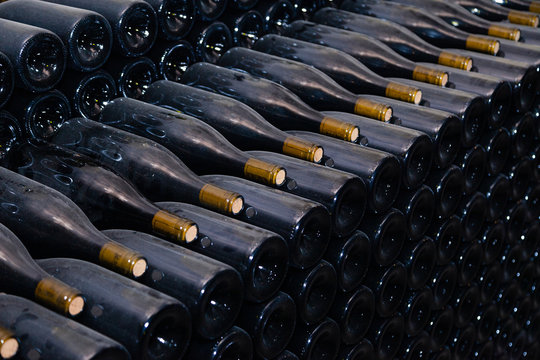 Ancient Dark Dusty Wine Bottles Aging In Underground Cellar In Rows. Concept Winery Vault With Rare Wines, Exclusive Collection. Stacks Of Wine Bottles Resting, Laying Flat In Racks In Old Cave