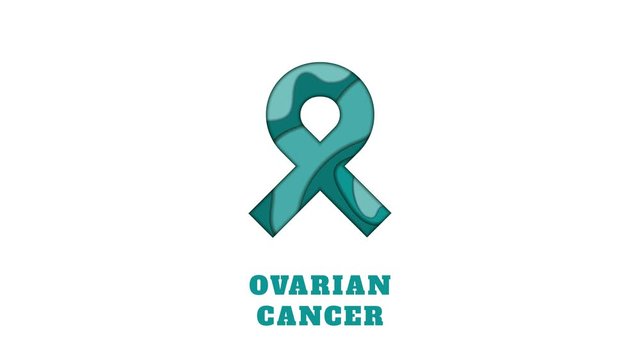 Ovarian cancer awareness animation. Teal ribbon made in 3D paper cut and craft style on white background. Medical concept. Motion graphics.