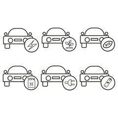 Obraz premium Electric cars with round labels. Car Charging Points. Design elements for web, banners, poster, ui. Vector icons set isolated on white background.
