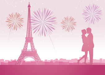 couple hug together around with skyscraper near Eiffel tower in Paris at celebration night,silhouette style