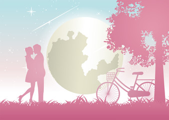 couple hug together and kiss near bicycle and big tree,concept art