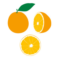 Set of citrus fruits isolated on white background. Half orange. Slice of orange. Orange with leaf.