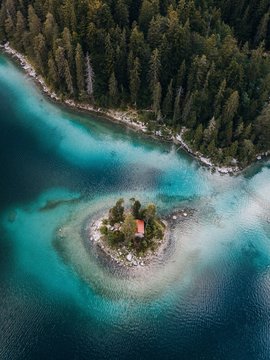 Small Island From Above In Green-blue Clean Mountain Lake Water. Eibsee Lake,Bavaria,Germany