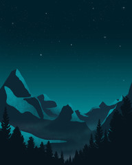 Obraz premium night landscape twilight teal mountains,nature starry sky watercolor painting 