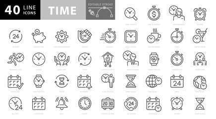 Simple Set of Time Related Vector Line Icons. Contains such Icons as Time Inspection, Log, Calendar and more. Editable Stroke